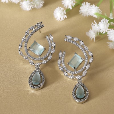 ZENEME Sea Green & White American Diamond studded Quirky Shaped Drop Earrings Cubic Zirconia Brass Drops & Danglers