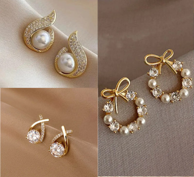 Saugaat Craft Western Party Wear Stylish Combo Pack Of 3 Korean Earrings For Women Girls Cubic Zirconia, Crystal, Pearl Alloy Drops & Danglers, Rhinestone Studs, Stud Earring, Earring Set