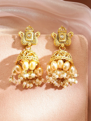 RUBANS Peacock Gold Matte Finish and white Beads Hanging Brass Jhumki Earring
