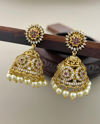 PBM CREATIONS GOLD PLATED AD STONE WEDDING JHUMKI / PEARL STUD / KUNDAN BEADS EARRING Copper Drops & Danglers, Jhumki Earring