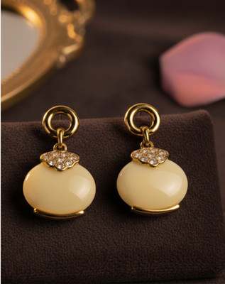 REVOSHA Revosha Gold Plated Beige Stone Drop Earrings for Women | Pouch Dangle Stud. Stainless Steel Drops & Danglers