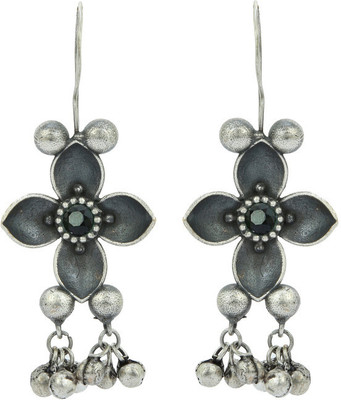 V L IMPEX Flower Theme Black Antique Silver Oxidised Brass Hanging Earrings Brass Drops & Danglers