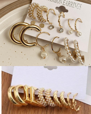Blingate Combo 14 Pair Stunning Gold Plated Pearl Alloy Hoop Earrings for Women and Girls Alloy Hoop Earring