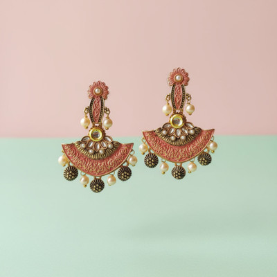 AKINOM Traditional Half-Moon Pink Enamel Earrings with Pearls Beads Alloy Drops & Danglers