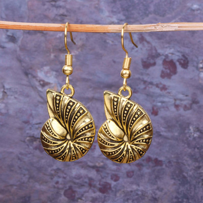 StylishKudi Nautilus Shell Shaped Golden Polished Oxidised Danglers Brass Drops & Danglers