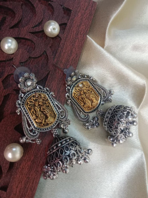 Avoroni Ethnic Divine Oxidised Silver-Plated Jhumka Earrings with Antique Gold Krishna Brass Jhumki Earring