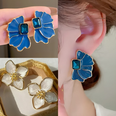 BLINGEE Korean Earrings Combo For Women Girls Floral Flower Stylish Trending Trendy Crystal Alloy Earring Set, Stud Earring