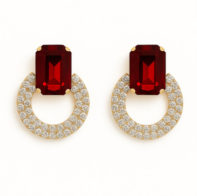 ONLINE_ESHOP Online_Eshop Red Topaz Stone Gold-Plated Oval Design Crystal Brass Stud Earring
