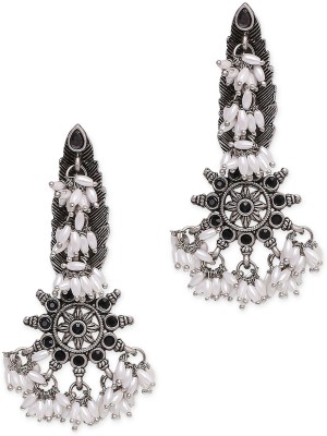 fabula Oxidised Silver Drop Earrings - Silver Look Alike - Stones & Rice Pearls Studded Beads, Crystal Alloy Drops & Danglers