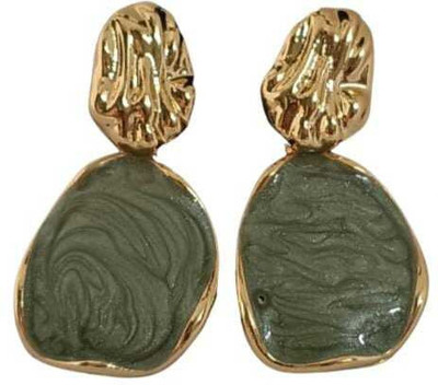 Relishine Textured Green Stone Drop Earrings for Women | Matte Gold Chunky Beads Metal Stud Earring