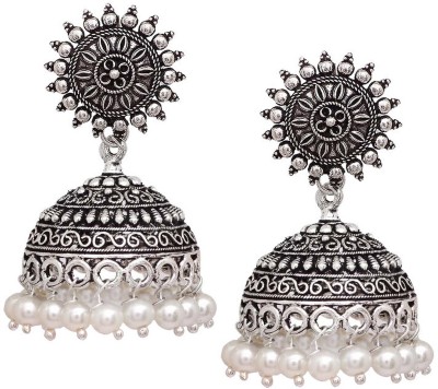 V L IMPEX Sun Shape Lightweight With Pearl Beads Silver Plating Oxidised Brass Jhumki Earring