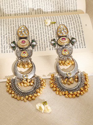 RUBANS Rubans Oxidised Silver & Gold-Plated Long Chandbali with Kundan, Ruby,Emerald Emerald Brass Chandbali Earring