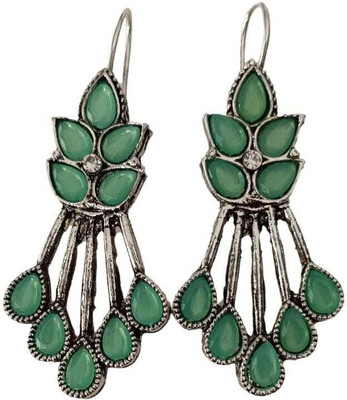 Relishine Women's Antique Silver Light Green Stone Dangler Earrings | Ethnic Festive Beads Metal Stud Earring