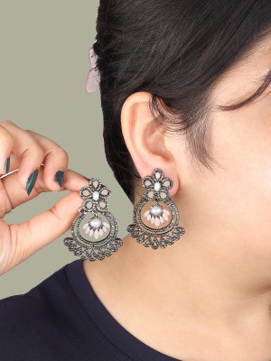 Rhosyn Party Wear Korean Black Plated Pearl & Stone Beaded Earrings Cubic Zirconia Alloy, Stone Chandbali Earring, Hoop Earring, Drops & Danglers