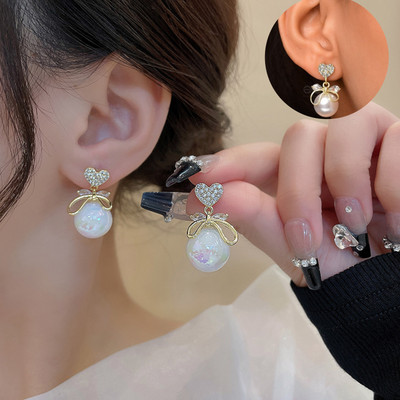 TVI Korean Studded Bow Heart Big Pearl Drop Earrings For Women/Girls Cubic Zirconia Alloy Stud Earring