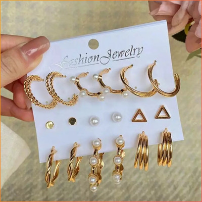 JDENTERPISES Combo of 9 Pair Gold Plated Triangle Pearl Stud / Twisted Hoop Earring For Women Pearl Alloy Hoop Earring