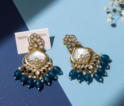 DHVANI Majestic Blue Teardrop Dangler Beads Alloy Chandbali Earring