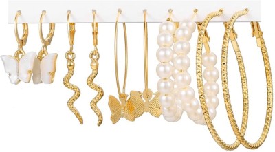 TheVineGirl Combo of 5 Pair Gold Plated Butterfly Snake Pearl Hoop Earrings Alloy Stud Earring