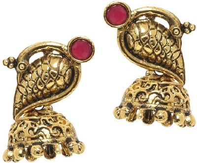 fabula Antique Gold Tone Red Stones Peacock Shape Ethnic Beads, Crystal Alloy Jhumki Earring