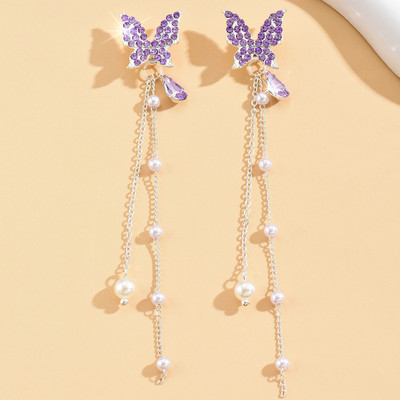 ANOUK Purple Earrings for women korean long earing girl Moti Ear Ring stylish Western Pearl, Diamond Alloy, Metal, Stainless Steel, Stone Drops & Danglers, Earring Set
