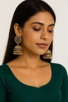 Swift hub Gold Covering IMPON AD Stone Jhumiki Kammal/Earring 3 Metal/ 3 Pon Gold Beads Pearl Copper Jhumki Earring, Drops & Danglers