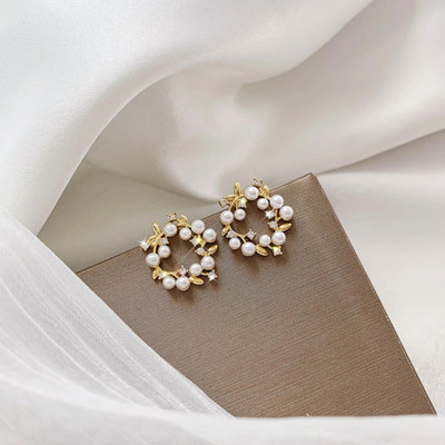 aaravfashion Golden Wreath Style Korean Stud Earrings Pearl Alloy Stud Earring