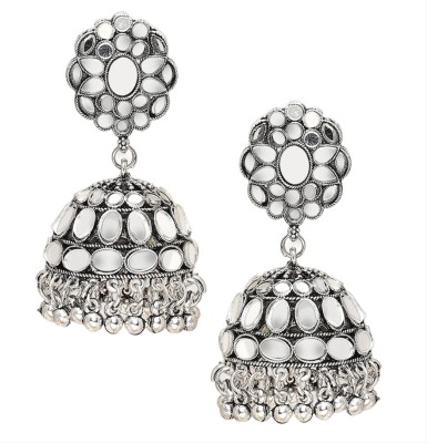 Oomph Oxidised Silver Jhumka Earrings - Mirror Kundan Work For Women & Girls Beads, Crystal Alloy Jhumki Earring