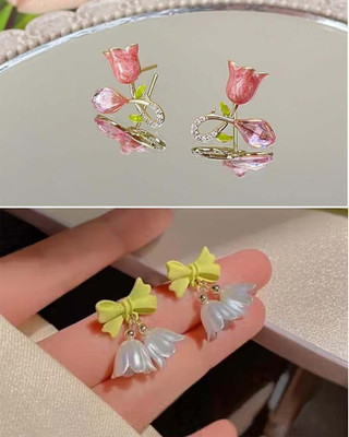 LBTK Combo of 2 Trendy Gold Plated Korean Design Light Weight Earrings Cubic Zirconia, Pearl, Zircon, White Zircon Alloy Stud Earring