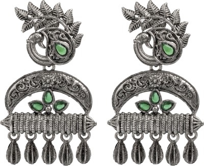 Shining Jewel Shining Jewel Matte Silver Oxitised CZ, Crystal Studded Drop Peacock Earring Brass Tassel Earring