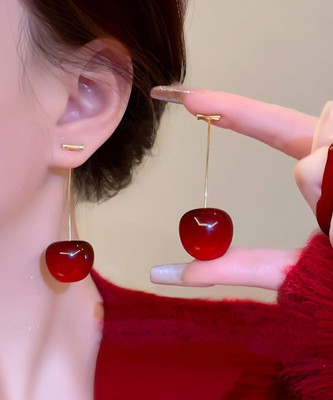 DECENT DYNAMICS Cute Fruit Cherry Drop Korean Earrings Pair Cubic Zirconia Alloy Drops & Danglers