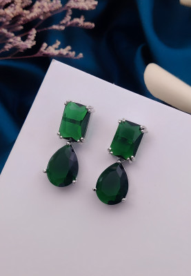 TRP Exquisite Emerald Green Teardrop & Rectangle Statement Earrings | Rhodium Plated Diamond Alloy Drops & Danglers, Stud Earring