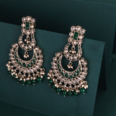 Saloni Fashion Jewellery Pear and Chandelier Shape Pearl Green Kundan Stone Gold Plated Earring For Women Cubic Zirconia Alloy Chandbali Earring