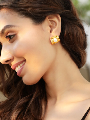 RUBANS Rubans 18K Gold Plated Pearl Half Hoop Earrings with Intricate Scroll Design Pearl Brass Drops & Danglers