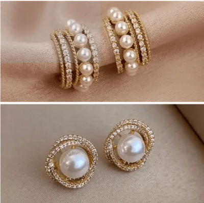 VIDIMO COMBO OF 2Gold-Plated Pearl & American Diamond Jewelry for Women Cubic Zirconia, Cubic Zirconia, Pearl Alloy, Brass Stud Earring, Rhinestone Studs, Hoop Earring
