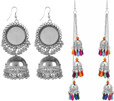 house of common Pack of 2 Silver Three Layer and Fancy Tribal Brass Mirror Jhumki Alloy Earring Set