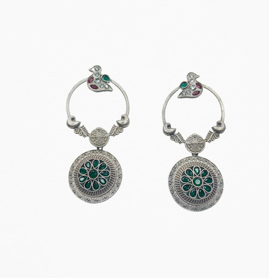 AVNI CREATION Silver Plated Green Color Floral Bird Earrings German Silver Earring Set
