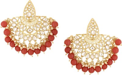 YELLOW CHIMES Earrings for Women Gold Toned Kundan Studded Red Pearl Drop Chandbali Earrings Brass Chandbali Earring