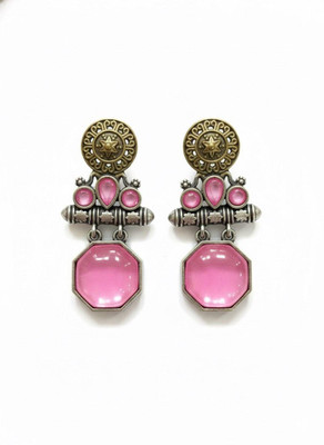 sharma Enterprises Antique Silver Pink Stone Drop Earrings for Women Zircon Alloy Hoop Earring