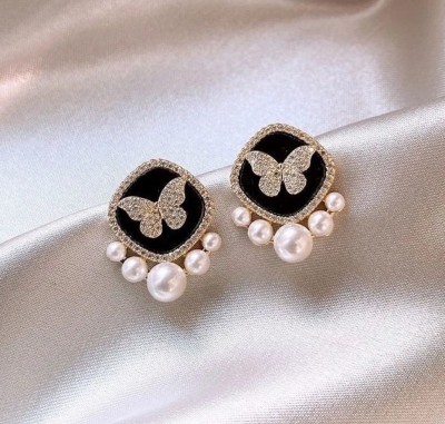 CoolWool Cute Butterfly Pearl Korean Earring for Women for Girls Everyday Alloy Stud Earring