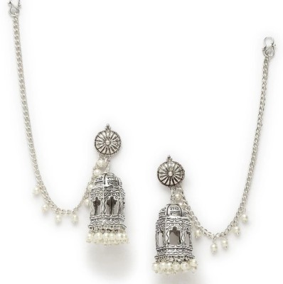 NAVMAV Oxidized Polish Traditional Temple Design Bahubali Jhumka Earring With Ear Long Pearl, Beads Alloy, German Silver Jhumki Earring, Chandbali Earring, Clip-on Earring, Drops & Danglers, Earring Set