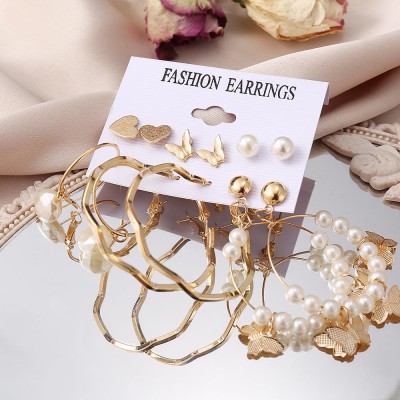 FFSTYLE Gold Plated 6 Pair Stud And Hoop Earring For Women And Girls Pearl Alloy Drops & Danglers, Hoop Earring, Earring Set, Stud Earring