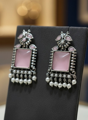 fesion PERU JEWEL Square Oxidised Pearl Drops Aquamarine Alloy Stud Earring, Drops & Danglers, Chandbali Earring
