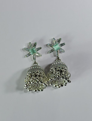 AZTAZ Star stud jhumka earrings designer tassel drop oxidised silver Alloy Chandbali Earring