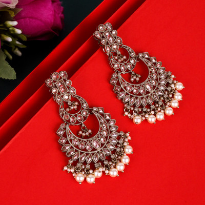 Saloni Fashion Jewellery Pear and Chandelier Shape Pearl White Kundan Stone Gold Plated Earring For Women Cubic Zirconia Alloy Chandbali Earring