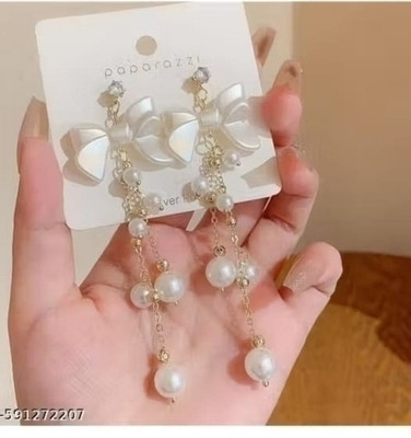 RISHASTYLE Flower motive long chain with pearl earrings for girls and women Zircon Alloy Drops & Danglers, Jhumki Earring