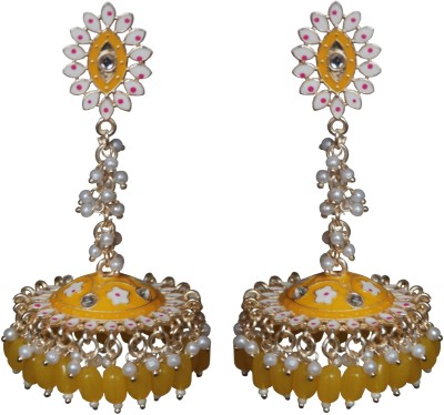 Mehpriye Meenakari Gold Plated White Beads Colorful Stone Beads Brass Jhumki Earring