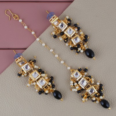 Lucky Jewellery Traditional Back Meena 18k Gold Plated uncut kundan Black Color Tika Earring set Beads Alloy Drops & Danglers