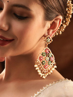 RUBANS Rubans Gold-Plated Stone-Studded Crescent Shaped Drop Earrings Brass Drops & Danglers