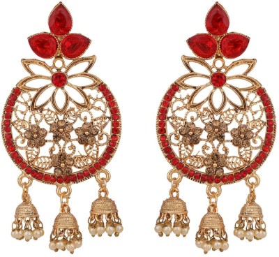 Jewels Capital Gold Plated RED Cubic Zirconia 3 Jhumki Chandbali Earring_JC Cubic Zirconia Brass Chandbali Earring