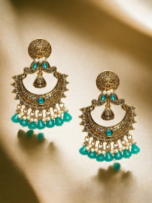 ANOUK Antique Gold Tone Green Kundan & Bead Long Ethnic Chandbali Beads, Crystal Alloy Chandbali Earring